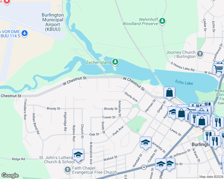 map of restaurants, bars, coffee shops, grocery stores, and more near 512 Storle Avenue in Burlington