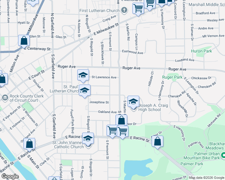 map of restaurants, bars, coffee shops, grocery stores, and more near 209 South Fremont Street in Janesville