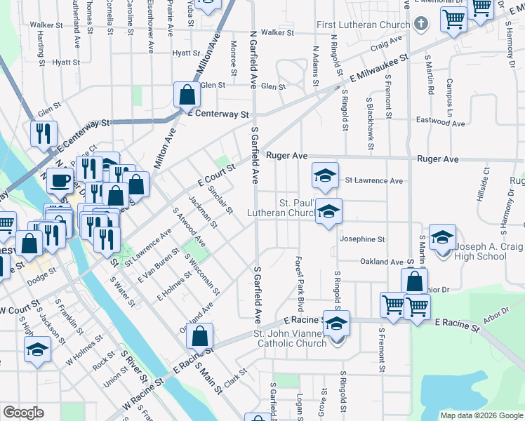 map of restaurants, bars, coffee shops, grocery stores, and more near 220 Jefferson Avenue in Janesville