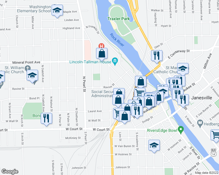 map of restaurants, bars, coffee shops, grocery stores, and more near 398 Madison Street in Janesville