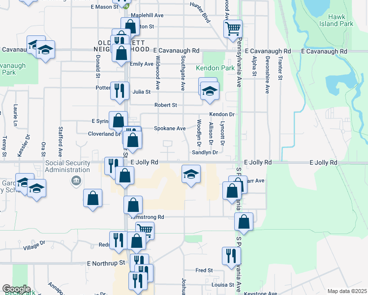 map of restaurants, bars, coffee shops, grocery stores, and more near 4922 Southgate Avenue in Lansing