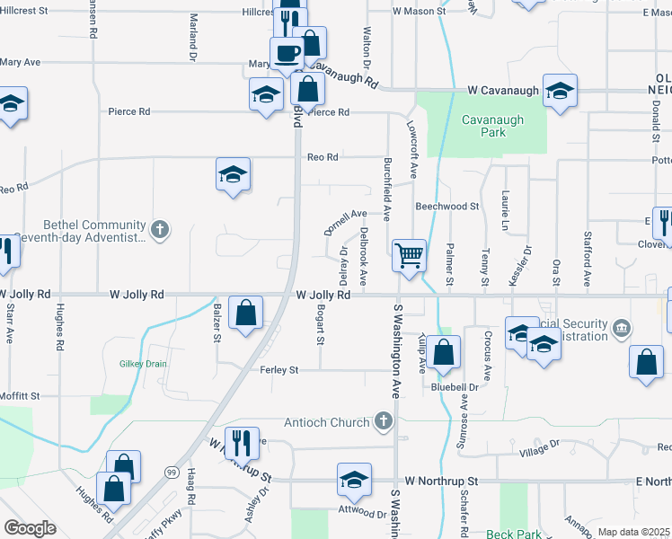 map of restaurants, bars, coffee shops, grocery stores, and more near 5010 Delray Dr in Lansing