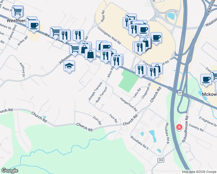 map of restaurants, bars, coffee shops, grocery stores, and more near 20 Patricia Lane in Albany