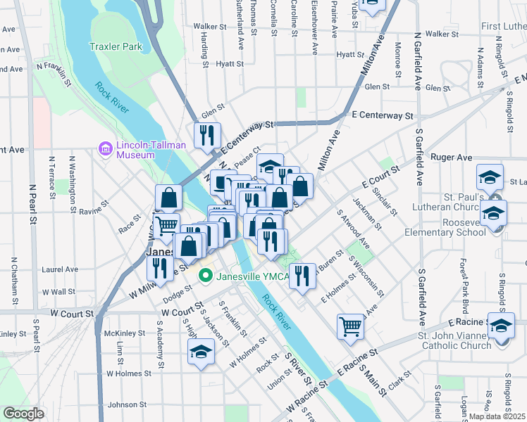 map of restaurants, bars, coffee shops, grocery stores, and more near 16 North Parker Drive in Janesville