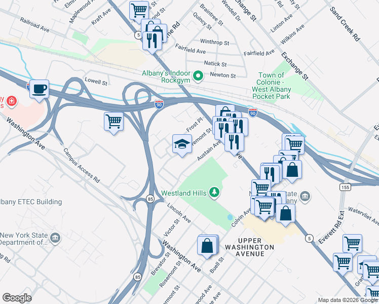 map of restaurants, bars, coffee shops, grocery stores, and more near 31 Tremont Street in Albany