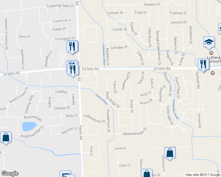 map of restaurants, bars, coffee shops, grocery stores, and more near 52691 Stag Ridge Drive in Macomb