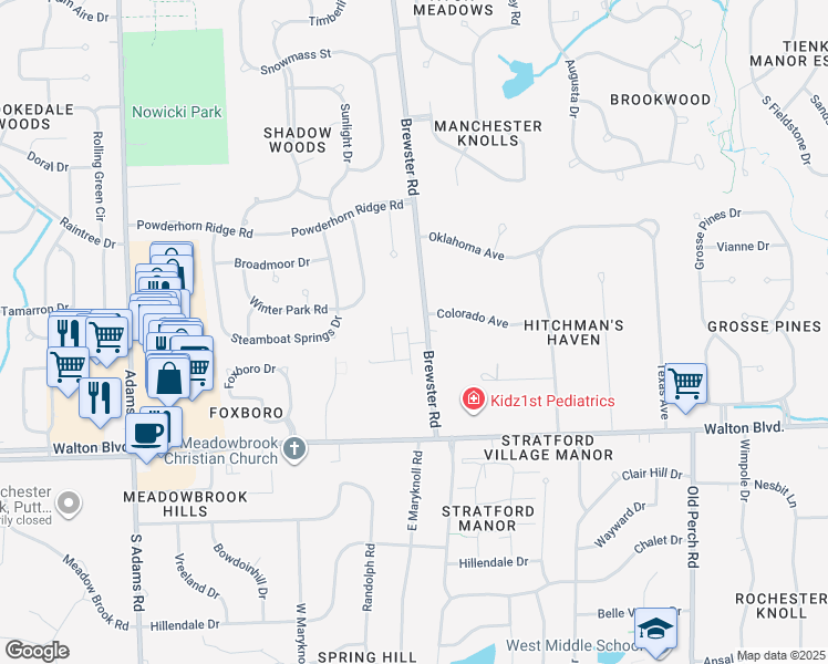 map of restaurants, bars, coffee shops, grocery stores, and more near 196 Mulberry Lane in Rochester Hills