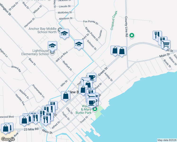 map of restaurants, bars, coffee shops, grocery stores, and more near 36581 Hathaway Street in New Baltimore