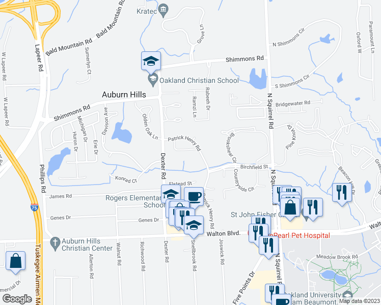 map of restaurants, bars, coffee shops, grocery stores, and more near 2760 Patrick Henry Road in Auburn Hills