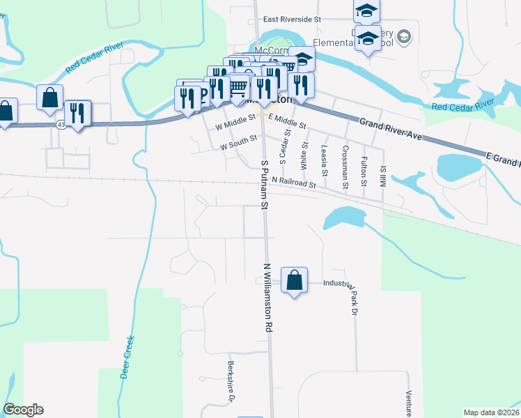 map of restaurants, bars, coffee shops, grocery stores, and more near 702 South Putnam Street in Williamston