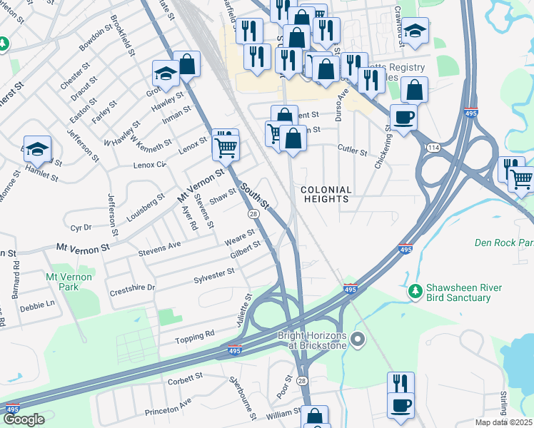 map of restaurants, bars, coffee shops, grocery stores, and more near 17 South Street in Lawrence