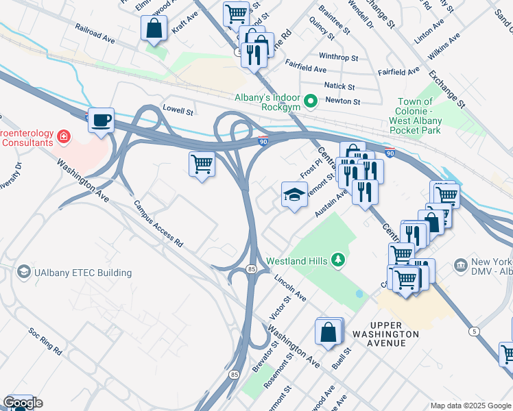 map of restaurants, bars, coffee shops, grocery stores, and more near 4 Elmo Road in Colonie