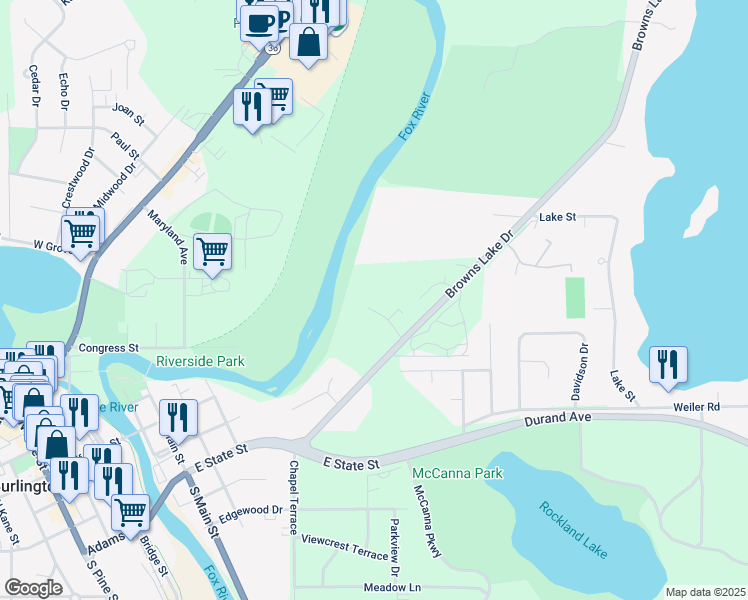map of restaurants, bars, coffee shops, grocery stores, and more near 654 Foxtree Circle in Burlington