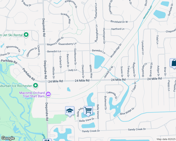 map of restaurants, bars, coffee shops, grocery stores, and more near 2555 Judy Lane in Macomb County