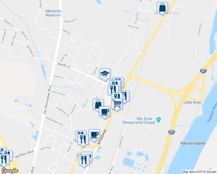 map of restaurants, bars, coffee shops, grocery stores, and more near 10 Wards Lane in Menands