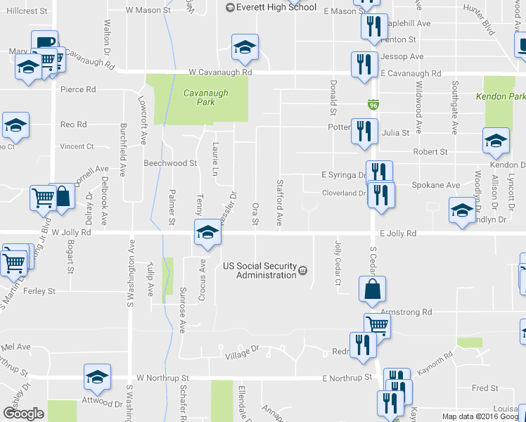 map of restaurants, bars, coffee shops, grocery stores, and more near 5011 Ora St in Lansing