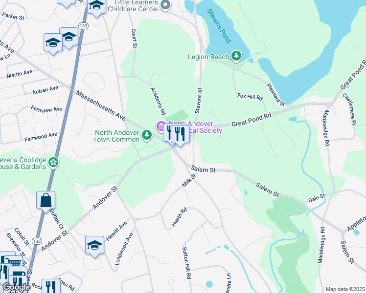 map of restaurants, bars, coffee shops, grocery stores, and more near 3 Great Pond Road in North Andover