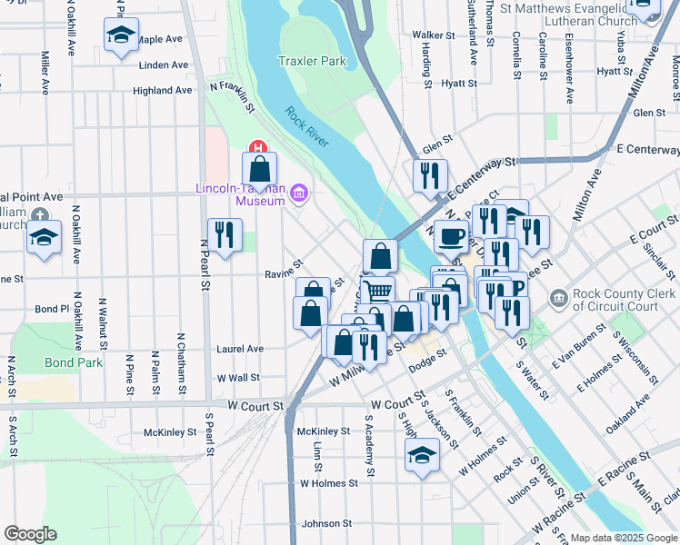 map of restaurants, bars, coffee shops, grocery stores, and more near 302 Race Street in Janesville
