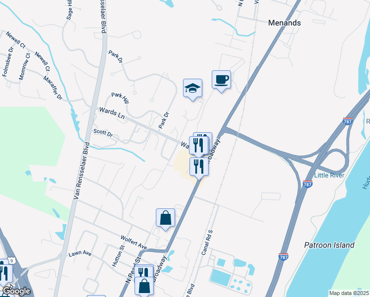 map of restaurants, bars, coffee shops, grocery stores, and more near 11 Wards Lane in Menands