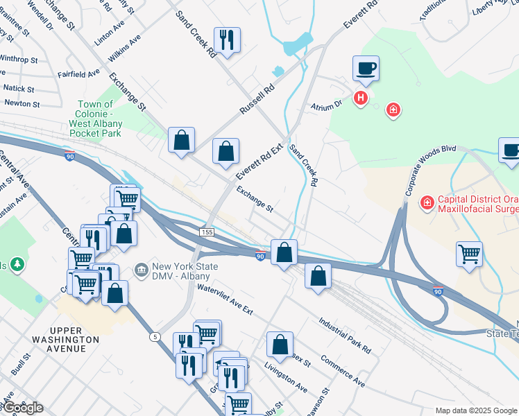 map of restaurants, bars, coffee shops, grocery stores, and more near 50 Exchange Street in Albany