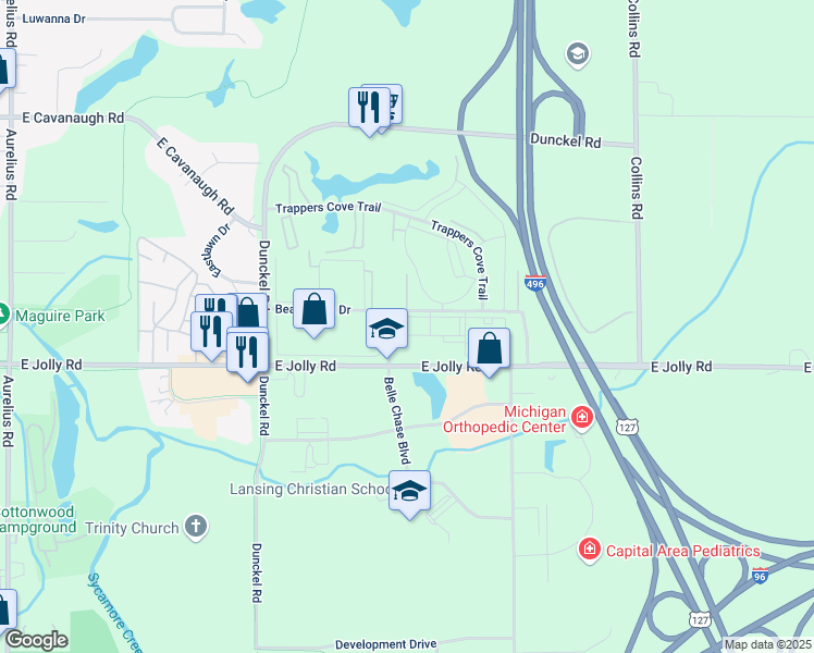 map of restaurants, bars, coffee shops, grocery stores, and more near in Lansing
