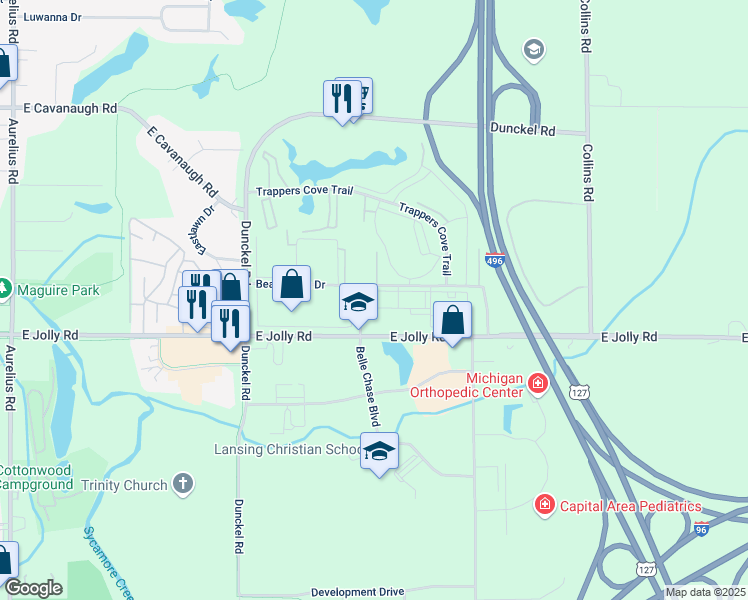map of restaurants, bars, coffee shops, grocery stores, and more near in Lansing