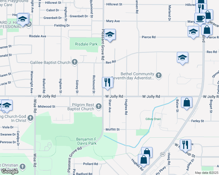 map of restaurants, bars, coffee shops, grocery stores, and more near 5011 Pleasant Grove Road in Lansing