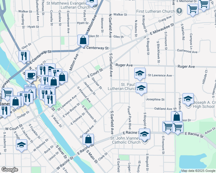 map of restaurants, bars, coffee shops, grocery stores, and more near 216 South Garfield Avenue in Janesville