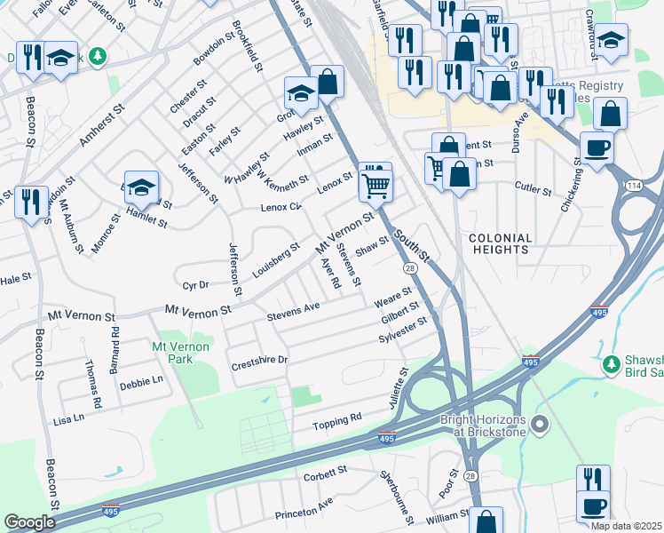 map of restaurants, bars, coffee shops, grocery stores, and more near 14 Ayer Road in Lawrence
