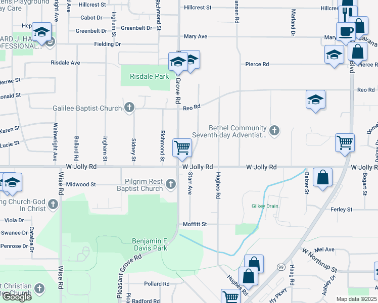 map of restaurants, bars, coffee shops, grocery stores, and more near 5011 Pleasant Grove Road in Lansing