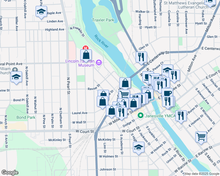 map of restaurants, bars, coffee shops, grocery stores, and more near 305 North Jackson Street in Janesville