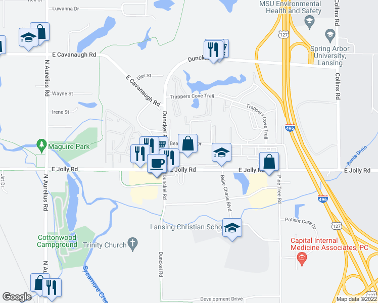 map of restaurants, bars, coffee shops, grocery stores, and more near 2814 Beau Jardin Drive in Lansing