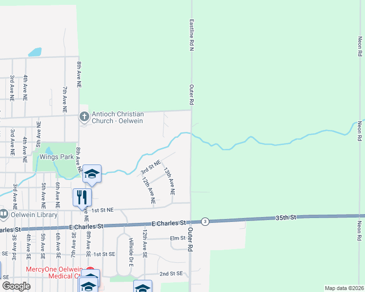 map of restaurants, bars, coffee shops, grocery stores, and more near 3rd Street Northeast in Oelwein
