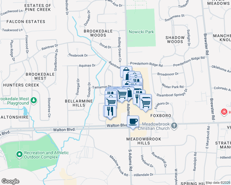 map of restaurants, bars, coffee shops, grocery stores, and more near 3070 Rolling Green Circle South in Rochester Hills