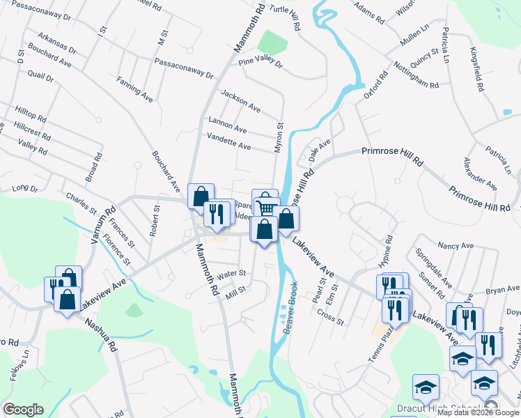 map of restaurants, bars, coffee shops, grocery stores, and more near 36 Spare Street in Dracut