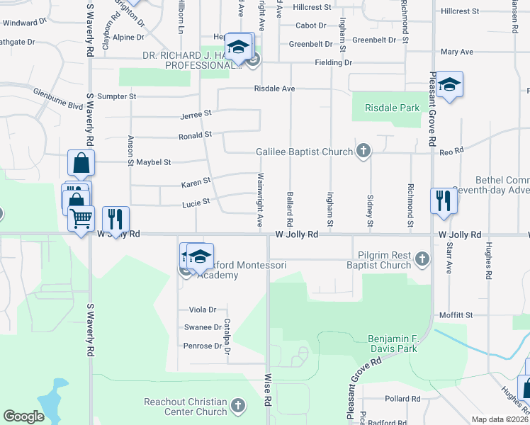 map of restaurants, bars, coffee shops, grocery stores, and more near 4929 Wainwright Avenue in Lansing