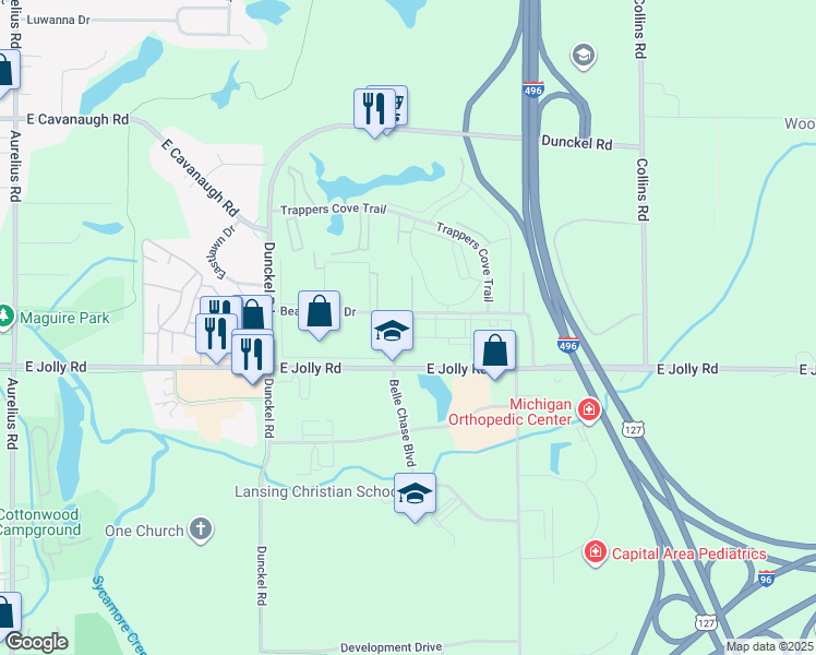 map of restaurants, bars, coffee shops, grocery stores, and more near in Lansing