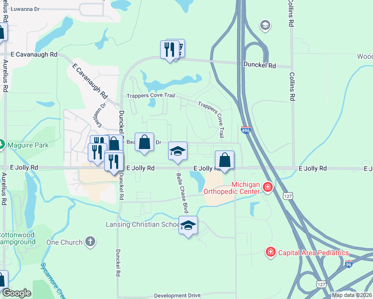 map of restaurants, bars, coffee shops, grocery stores, and more near 4915 Belle Chase Boulevard in Lansing