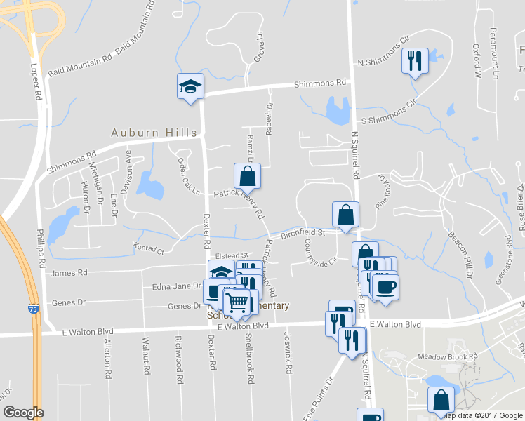 map of restaurants, bars, coffee shops, grocery stores, and more near 2720 Patrick Henry Road in Auburn Hills