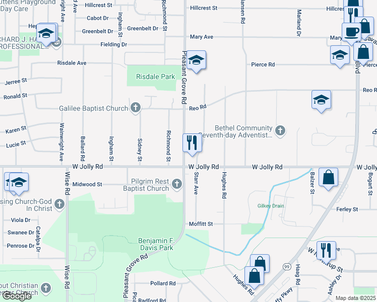 map of restaurants, bars, coffee shops, grocery stores, and more near 5011 Pleasant Grove Road in Lansing