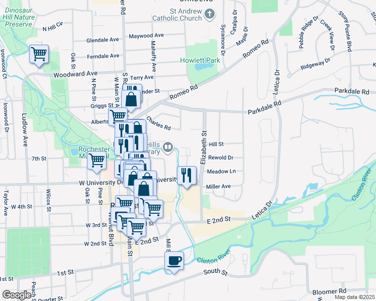 map of restaurants, bars, coffee shops, grocery stores, and more near 519 East University Drive in Rochester