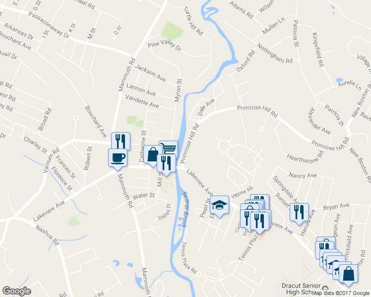 map of restaurants, bars, coffee shops, grocery stores, and more near 34 Primrose Hill Road in Dracut