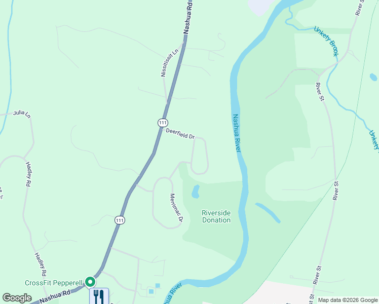 map of restaurants, bars, coffee shops, grocery stores, and more near 7 Deerfield Drive in Pepperell
