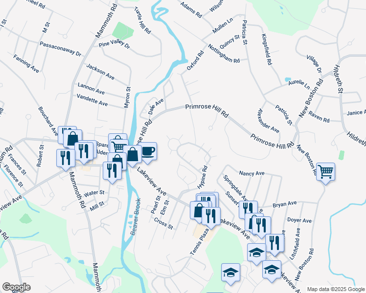 map of restaurants, bars, coffee shops, grocery stores, and more near 752 Hypine Road in Dracut