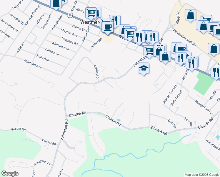 map of restaurants, bars, coffee shops, grocery stores, and more near 6224 Johnston Road in Albany
