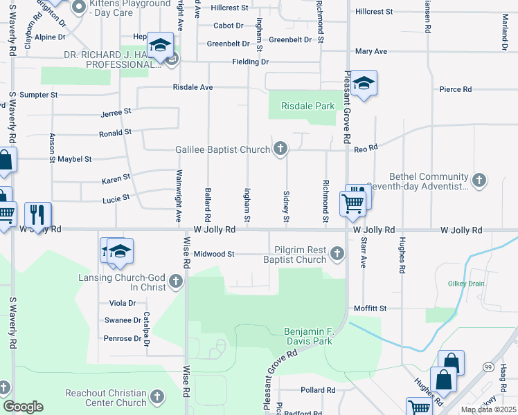 map of restaurants, bars, coffee shops, grocery stores, and more near 4927 Ingham Street in Lansing