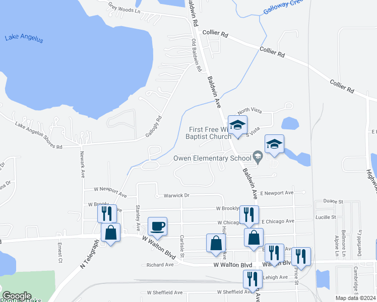 map of restaurants, bars, coffee shops, grocery stores, and more near 729 Seville Boulevard in Pontiac
