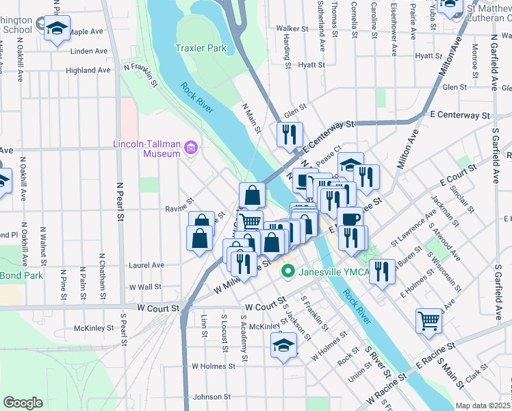 map of restaurants, bars, coffee shops, grocery stores, and more near 222 North Franklin Street in Janesville