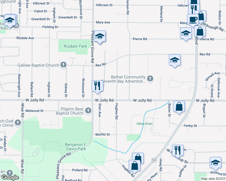 map of restaurants, bars, coffee shops, grocery stores, and more near 5000 Hughes Road in Lansing