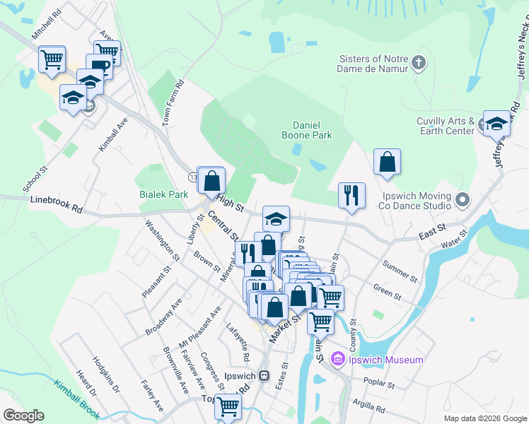 map of restaurants, bars, coffee shops, grocery stores, and more near 41 High Street in Ipswich